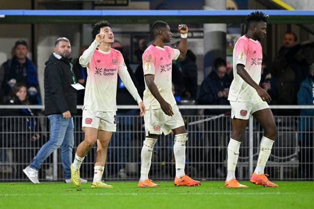 Paderborn, Home Deluxe Arena, 29.10.25, GER, Herren, DFB-Pokal, 2.Runde, Saison 2025-2026, SC Paderborn 07 - Bayer 04 Leverkusen Bild: Ibrahim MAZA (Leverkusen) jubelt nach seinem Tor zum 2:3 DFB regulations prohibit any use of photographs as image sequences and or quasi-video. Nordrhein-Westfalen Deutschland