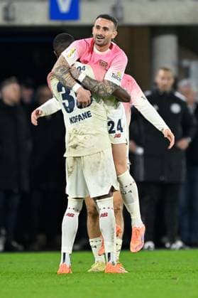Paderborn, Home Deluxe Arena, 29.10.25, GER, Herren, DFB-Pokal, 2.Runde, Saison 2025-2026, SC Paderborn 07 - Bayer 04 Leverkusen Bild: ALEIX GARCIA (Leverkusen) jubelt nach seinem Tor zum 2:4 DFB regulations prohibit any use of photographs as image sequences and or quasi-video. Nordrhein-Westfalen Deutschland