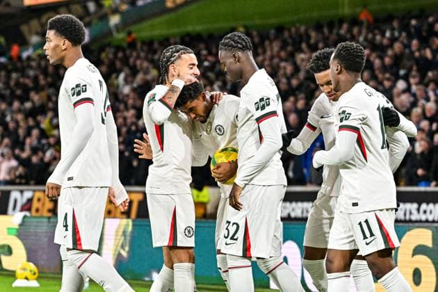 29th October 2025; Molineux Stadium, Wolverhampton, West Midlands, England; EFL Carabao Cup Football, Wolverhampton Wanderers versus Chelsea; Andrey Santos of Chelsea celebrates with his team after scoring in the 5th minute to make the score 0-1  GodfreyxPitt