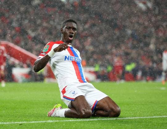 Liverpool, England, 29th October 2025. Ismaila Sarr of Crystal Palace celebrates scoring their second goal during the Liverpool vs Crystal Palace Carabao Cup match at Anfield, Liverpool. Picture credit should read: Jessica Hornby Sportimage EDITORIAL USE ONLY. No use with unauthorised audio, video, data, fixture lists, club league logos or live services. Online in-match use limited to 120 images, no video emulation. No use in betting, games or single club league player publications. SPI_016_JH_Liverpool_Crystal_Palace SPI-4246-0016