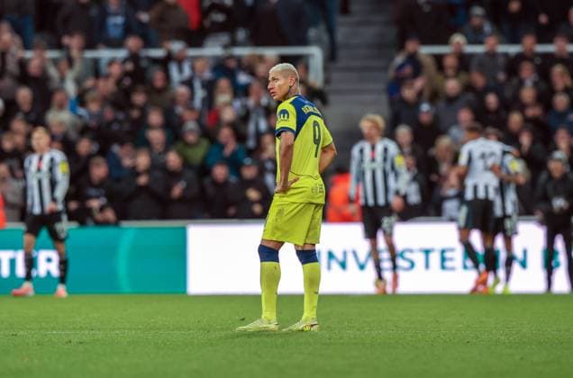 Newcastle Upon Tyne, England, 29th October 2025. Richarlison of Tottenham Hotspur reacts after Nick Woltemade of Newcastle United heads the second goal during the Newcastle United vs Tottenham Hotspur Carabao Cup match at St. James Park, Newcastle Upon Tyne. Picture credit should read: Nigel Roddis Sportimage EDITORIAL USE ONLY. No use with unauthorised audio, video, data, fixture lists, club league logos or live services. Online in-match use limited to 120 images, no video emulation. No use in betting, games or single club league player publications. SPI_035_NR_NEWC_TOTE SPI-4248-0035
