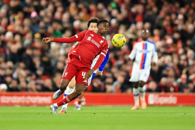 Liverpool, England, 29th October 2025. Trey Nyoni of Liverpool controls the ball during the Liverpool vs Crystal Palace Carabao Cup match at Anfield, Liverpool. Picture credit should read: Jessica Hornby Sportimage EDITORIAL USE ONLY. No use with unauthorised audio, video, data, fixture lists, club league logos or live services. Online in-match use limited to 120 images, no video emulation. No use in betting, games or single club league player publications. SPI_031_JH_Liverpool_Crystal_Palace SPI-4246-0031