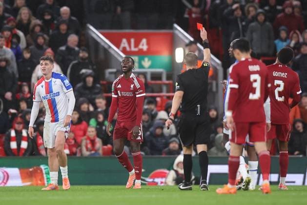 Liverpool v Crystal Palace 29 October 2025, Liverpool - Carabao Cup Fourth Round Football - Liverpool v Crystal Palace. Amara Nallo of Liverpool reacts as he is shown a red card and is sent off by referee Craig Pawson (photo by Daniel Chesterton) Liverpool UK Copyright: xDanielxChestertonxOffside
