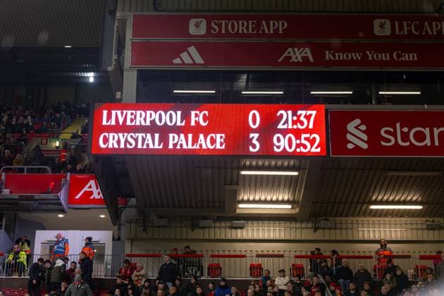 Football - Football League Cup - 4th Round - Liverpool FC v Crystal Palace FC LIVERPOOL, ENGLAND - Wednesday, October 29, 2025: The scoreboard showing 3-0 to Crystal Palace during the Football League Cup 4th Round match between Liverpool FC and Crystal Palace FC at Anfield. (Photo by David Rawcliffe Propaganda) LIVERPOOL Anfield MERSEYSIDE ENGLAND  Copyright: xDavidxRawcliffex P2025-10-29-Liverpool_Palace-86