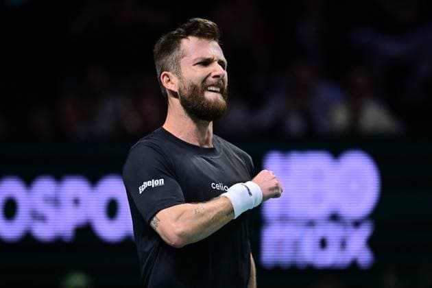 TENNIS : Rolex Paris Masters - Paris - 29 10 2025 Corentin MOUTET ( France ) celebrates during the Rolex Paris Masters at Paris La Defense Arena on October 29, 2025 in Nanterre, France. (Photo by Federico Pestellini PSNewz ) ParisFrance  Copyright: xFedericoxPestellinix