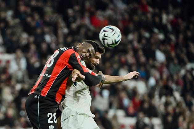 FOOTBALL : OGC Nice vs LOSC Lille - ligue 1 - 29 10 25 Nice™s defender 28 Juma Bah and Lille s forward 9 Olivier Giroud during the French L1 2025-2026 season football match between OGC Nice and LOSC Lille at Louis II stadium of Monaco, south France, on October 29, 2025. NICEFrance  Copyright: xfredxDIDES psnewzx