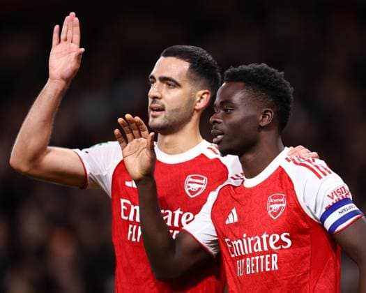 Arsenal v Brighton & Hove Albion 29 October 2025, London - Carabao Cup - Fourth Round - Arsenal v Brighton & Hove Albion - Bukayo Saka of Arsenal celebrates their second goal with Mikel Merino of Arsenal - Photo: Jacques Feeney Offside. London UK Copyright: xJacquesxFeeneyx xOffsidexOffside