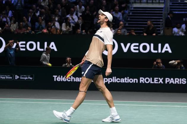 October 30, 2025, Nanterre, Hauts De Seine, France: Joy of VALENTIN VACHEROT (MON) after his victory against CAMERON NORRIE (GBR) during the round of 16 of Rolex Paris Masters 1000 tournament at La Defense Arena Stadium - Nanterre - France..Vacherot won 7:6 6:4 Nanterre France - ZUMAp119 20251030_zaf_p119_005 Copyright: xPierrexSteveninx