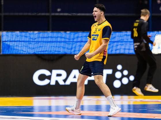251030 Nikola Roganovic of Sweden celebrates during the International Friendly, Länderspiel, Nationalmannschaft handball match between Sweden and Spain on October 30, 2025 in Linköping. Photo: Magnus Andersson BILDBYRAN COP 308 MN0202 handball handboll handball international friendly sverige sweden spain bbeng bbauto jubel Copyright: MAGNUSxANDERSSON BB251030MN016