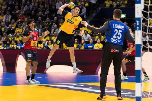 251030 Javier Rodriguez Moreno of Spain and Nikola Roganovic of Sweden during the International Friendly, Länderspiel, Nationalmannschaft handball match between Sweden and Spain on October 30, 2025 in Linköping. Photo: Magnus Andersson BILDBYRAN COP 308 MN0202 handball handboll handball international friendly sverige sweden spain bbeng bbauto Copyright: MAGNUSxANDERSSON BB251030MN022
