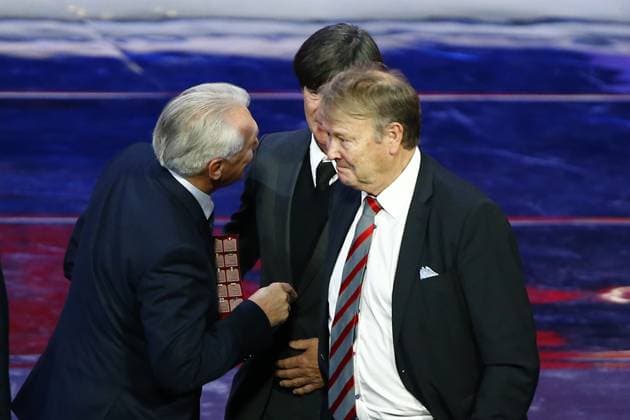 2018 FIFA World Cup, WM, Weltmeisterschaft, Fussball Russia™ Final Draw MOSCOW, RUSSIA - DECEMBER 01: Head coaches Age Hareide (R) of Denmark and Joachim Low (C) of Germany are seen after the 2018 FIFA World Cup Russia Final Draw in the State Kremlin Palace in Moscow, Russia on December 01,2017. Moskova Rusya. Editorial use only. Please get in touch for any other usage.  Copyright: x2025xAnadoluxSefaxKaracanx
