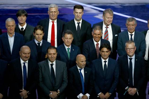 2018 FIFA World Cup, WM, Weltmeisterschaft, Fussball Russia™ Final Draw MOSCOW, RUSSIA - DECEMBER 01: Head coaches Didier Deschamps of France, Joachim Low of Germany, Vladimir Petkovic of Switzerland, Mladen Krstaljic of Serbia, Age Hareide of Denmark and Fernando Santos of Portugal (back L-R), Stanislav Cherchesov of Russia, Nabil Maaloul of Tunisia, Juan Carlos Osorio of Spain, Jorge Sampaoli of Argentina (L-R front) are seen after the 2018 FIFA World Cup Russia Final Draw in the State Kremlin Palace in Moscow, Russia on December 01,2017. Moskova Rusya. Editorial use only. Please get in touch for any other usage. Copyright: x2025xAnadoluxSefaxKaracanx