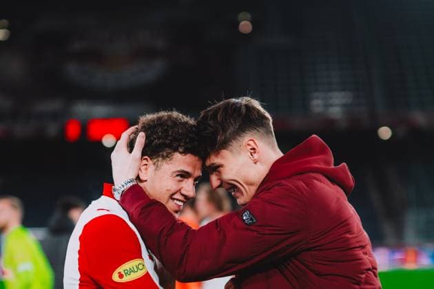 FC Red Bull Salzburg v WSG Tirol OEFB-UNIQA- 3rd round SALZBURG, AUSTRIA - OCTOBER 30: Clement Bischoff and Salko Hamzic of FC Red Bull Salzburg after the OEFB-UNIQA-Cup 3rd round match between FC Red Bull Salzburg v WSG Tirol on October 30, 2025 in Salzburg, Austria. Copyright: xAndreasxSchaadx-xFCxRedxBullxSalzburgx RBS__AS20195