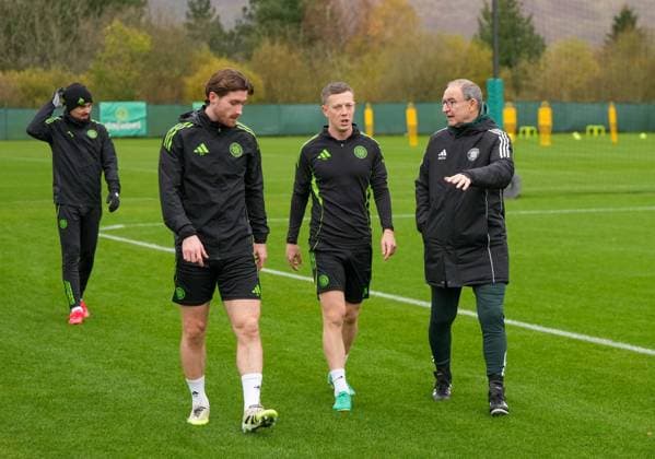 Celtic Interim Manager Martin O Neill with Celtic captain Callum McGregor & Anthony Ralston of Celtic (left). Celtic Team Training, William Hill Scottish Premiership, Football, Lennoxtown Training Ground, East Dunbartonshire, Scotland, UK - 31 Oct 2025Glasgow Celtic Park United Kingdom EDITORIAL USE ONLY No use with unauthorised audio, video, data, fixture lists, club league logos or live services. Online in-match use limited to 120 images, no video emulation. No use in betting, games or single club league player publications. Copyright: xStuartxWallace Shutterstockx 15634047j