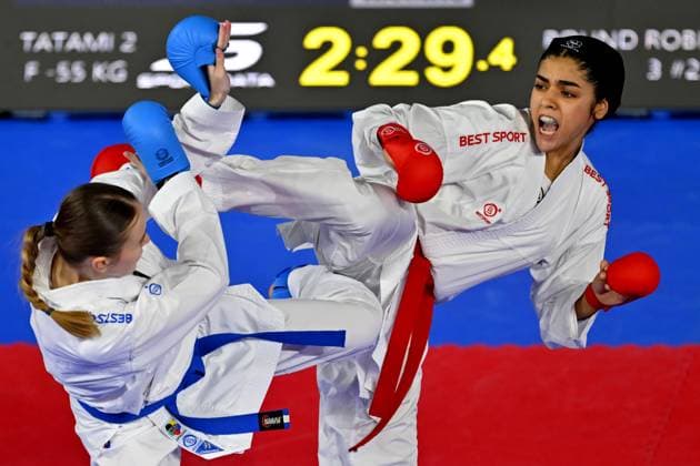 International Karate Universe Moscow 2025 MOSCOW, RUSSIA - OCTOBER 31: Russian Vasilina Yushkevich (blue) in action against Iranian Fatemehzahra Saeidabadi (red) during The International Karate Universe Moscow 2025 Championship in Russia on October 31, 2025. Sefa Karacan Anadolu Moscow Russia. Editorial use only. Please get in touch for any other usage.  Copyright: x2025xAnadoluxSefaxKaracanx