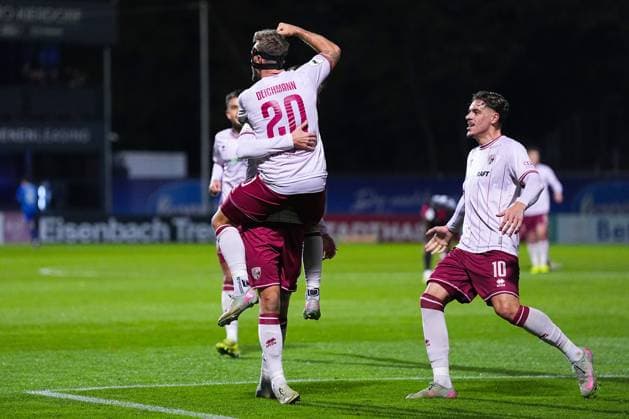 31.10.2025, xydrx, Fußball, 3.Liga, FC Viktoria Köln - FC Ingolstadt 04, Saison 2025 2026, Sportpark Höhenberg: Torjubel nach dem Tor zum 1:0 für den FC Ingolstadt durch Torschütze Yannick Deichmann (FC Ingolstadt 20 zusammen mit Frederik Christensen (FC Ingolstadt 11) DFB regulations prohibit any use of photographs as image sequences and or quasi-video. Nordrhein-Westfahlen Deutschland