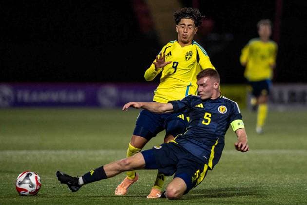 Scotland v Sweden U17, U 17 European Championships 31 10 2025. Group 3 Aaron Thomson of Scotland national team, Nationalteam with a well timed strong challenge on Rayan Bardghji of Sweden during the UEFA U17 s Euro Championship. Scotland vs Sweden, Albert Bartlett Stadium, Airdrie, Scotland Airdrie Albert Bartlett Stadium North Lanarkshire Scotland Editorial use only , Copyright: xColinxPoultneyx PSI-23146-0134