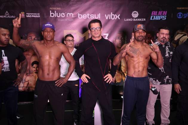 Official face-off of the athletes at the Fight Music Show in Sao Paulo. Sao Paulo (SP), 10 31 2025 - Face-off Fight Music Show - Athletes Esquiva Falcao and Binho de Jesus during the weigh-in and official face-off for the Fight Music Show, the largest influencer fighting event in Latin America. The event takes place at the Municipal Market in the central region of the city of Sao Paulo, this Friday, October 31, 2025. (Foto: Leco Viana Thenews2 imago images) SPO  Copyright: xLecoxVianax