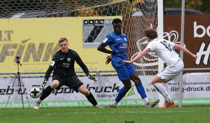 BAU 01.11.2025 Freiberg am Neckar Fußball SGV Freiberg vs. SG Barockstadt Fulda-Lehnerz, Tor zum 1:1, v.l. Benedikt Paul Grawe (Freiberg), Matt-Brahan Zie (Freiberg), Torschütze Moritz Dittmann (Fulda)