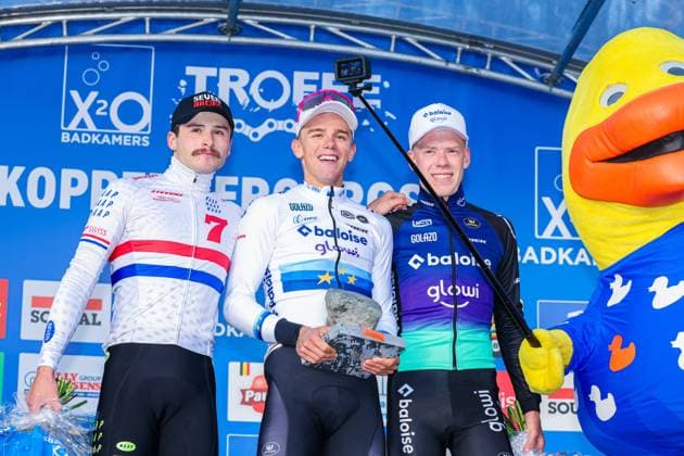 X²O Badkamers Trofee Koppenbergcross OUDENAARDE, BELGIUM - NOVEMBER 01 : Ronhaar Pim (NED) of Baloise Glowi Lions, Mason Cameron (GBR) of Cyclocross Reds, Nys Thibau (BEL) of Baloise Glowi Lions on the podium during the X²O Badkamers Trofee Koppenbergcross pictured on November 01, 2025 in Oudenaarde, Belgium, 01 11 2025 Oudenaarde Belgium  Copyright: xGbax