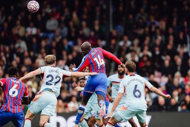 Jean-Philippe Mateta (14 Crystal Palace) heads in his team?s first goal during the Premier League game between Crystal Palace and Brentford at Selhurst Park in London, England. Copyright: xLiamxAsman SPPx Sportspressphoto_SPR54863