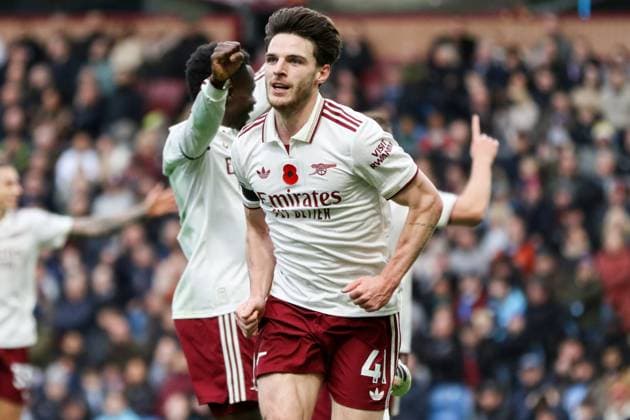 Declan Rice (41 Arsenal) celebrates his goal during the Premier League match between Burnley and Arsenal at Turf Moor in Burnley, England on November 1st 2025. Copyright: xSeanxChandlerx xSPPx Sportspressphoto_SPR54870