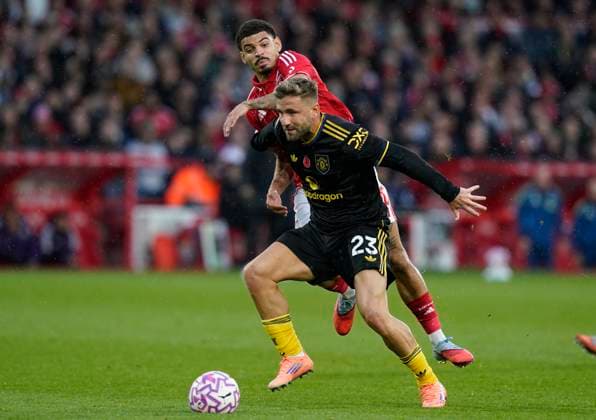 Nottingham, England, 1st November 2025. Luke Shaw of Manchester United, ManU (front) is challenged by Morgan Gibbs White of Nottingham Forest during the Nottingham Forest vs Manchester United Premier League match at the City Ground, Nottingham. Picture credit should read: Andrew Yates Sportimage EDITORIAL USE ONLY. No use with unauthorised audio, video, data, fixture lists, club league logos or live services. Online in-match use limited to 120 images, no video emulation. No use in betting, games or single club league player publications. SPI_015_AY_FOREST_MAN_UTD SPI-4253-0015
