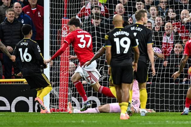 1st November 2025; The City Ground, Nottingham, England; Premier League Football, Nottingham Forest versus Manchester United, ManU Nicolo Savona of Nottingham Forest scores in the 50th minute to make the score 2-1  GodfreyxPitt