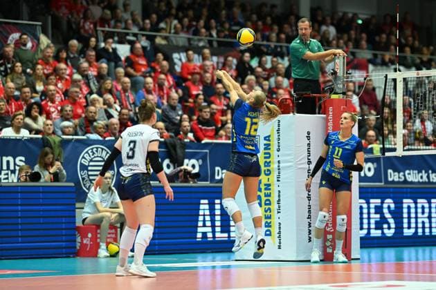 Hannah Kohn (SSC Palmberg Schwerin, 12) Dresdner SC vs. SSC Palmberg Schwerin, 1. Volleyball Bundesliga Damen, Spielzeit 2025 2026, 01.11.2025 Dresdner SC vs. SSC Palmberg Schwerin, 1. Volleyball Bundesliga Damen, Spielzeit 2025 2026, 01.11.2025 Dresden Copyright: xEibner-Pressefoto xHoepnerx EP_PHR