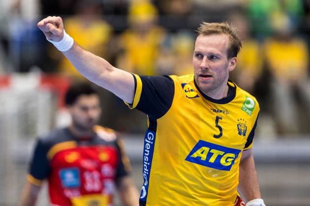 251101 Max Darj of Sweden celebrates during the International Friendly, Länderspiel, Nationalmannschaft handball match between Sweden and Spain on November 1, 2025 in Eskilstuna. Photo: Kenta Jönsson BILDBYRAN COP 210 KJ0282 handball handboll handball landslag sverige sweden spain national teams bbeng jubel Copyright: KENTAxJÖNSSON BB251101KJ050