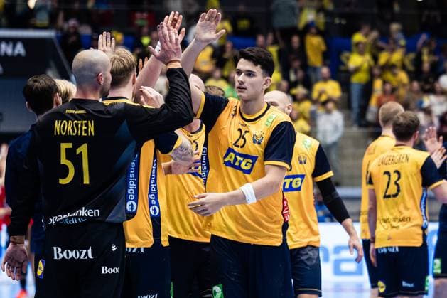 251101 goalkeeper Fabian Norsten and Nikola Roganovic celebrates after the International Friendly, Länderspiel, Nationalmannschaft handball match between Sweden and Spain on November 1, 2025 in Eskilstuna. Photo: Kenta Jönsson BILDBYRAN COP 210 KJ0282 handball handboll handball landslag sverige sweden spain national teams bbeng jubel Copyright: KENTAxJÖNSSON BB251101KJ059