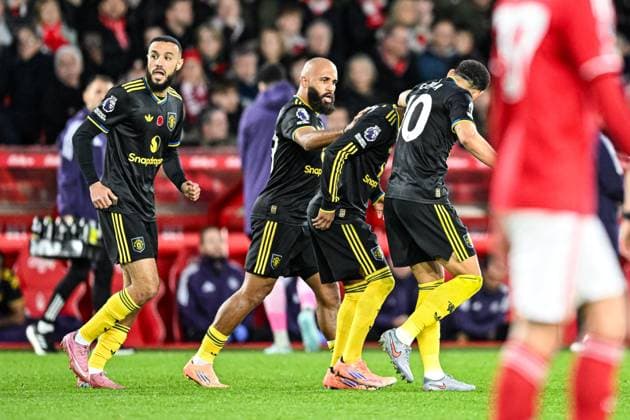 1st November 2025; The City Ground, Nottingham, England; Premier League Football, Nottingham Forest versus Manchester United, ManU Amad Diallo of Manchester United celebrates with his team after scoring in the 81st minute to make the score 2-2  GodfreyxPitt