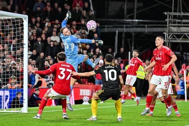 1st November 2025; The City Ground, Nottingham, England; Premier League Football, Nottingham Forest versus Manchester United, ManU Matz Sels of Nottingham Forest punches the ball clear of his goal  GodfreyxPitt
