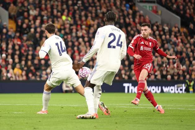Andrew Robertson of Liverpool shoots Liverpool v Aston Villa, Premier League, Football, Anfield, Liverpool, UK - 01 Nov 2025Liverpool Anfield United Kingdom EDITORIAL USE ONLY No use with unauthorised audio, video, data, fixture lists, club league logos or live services. Online in-match use limited to 120 images, no video emulation. No use in betting, games or single club league player publications. Copyright: xRyanxBrowne Shutterstockx 15641376ao