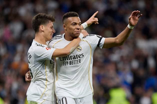 Kylian Mbappe of Real Madrid CF celebrates after scoring a goal with Arda Güler of Real Madrid CF Real Madrid v Valencia, La Liga, Football, Estadio Santiago Bernabeu, Madrid, Spain - 01 Nov 2025Madrid Estadio Santiago Bernabu Spain EDITORIAL USE ONLY No use with unauthorised audio, video, data, fixture lists, club league logos or live services. Online in-match use limited to 120 images, no video emulation. No use in betting, games or single club league player publications. Copyright: xRubenxAlbarran Shutterstockx 15649992ao