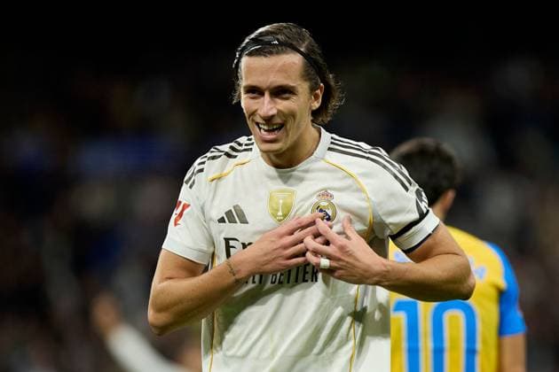 Alvaro Fernandez Carreras of Real Madrid CF celebrates after scoring a goal Real Madrid v Valencia, La Liga, Football, Estadio Santiago Bernabeu, Madrid, Spain - 01 Nov 2025Madrid Estadio Santiago Bernabu Spain EDITORIAL USE ONLY No use with unauthorised audio, video, data, fixture lists, club league logos or live services. Online in-match use limited to 120 images, no video emulation. No use in betting, games or single club league player publications. Copyright: xRubenxAlbarran Shutterstockx 15649992eg
