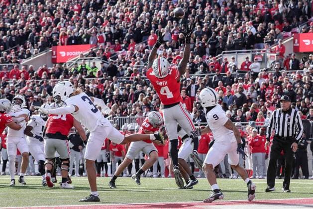 November 1, 2025, Columbus, Ohio, U.S: Ohio State Buckeyes wide receiver Jeremiah Smith (4) goes up for a pass in the end zone during the game between the Penn State Nittany Lions and the Ohio State Buckeyes at Ohio Stadium, Columbus, Ohio. Columbus U.S - ZUMAs304 20251101_zaf_s304_033 Copyright: xScottxStuartx