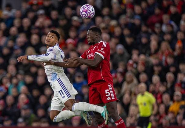 (251102) -- LIVERPOOL, Nov. 2, 2025 -- Aston Villa s Ollie Watkins (L) challenges for a header with Liverpool s Ibrahima Konate during the English Premier League match between Liverpool FC and Aston Villa FC in Liverpool, Britain, on Nov. 1, 2025. FOR EDITORIAL USE ONLY. NOT FOR SALE FOR MARKETING OR ADVERTISING CAMPAIGNS. NO USE WITH UNAUTHORIZED AUDIO, VIDEO, DATA, FIXTURE LISTS, CLUB LEAGUE LOGOS OR LIVE SERVICES. ONLINE IN-MATCH USE LIMITED TO 45 IMAGES, NO VIDEO EMULATION. NO USE IN BETTING, GAMES OR SINGLE CLUB LEAGUE PLAYER PUBLICATIONS. (SP)BRITAIN-LIVERPOOL-FOOTBALL-PREMIER LEAGUE-LIVERPOOL VS ASTON VILLA (Xinhua)