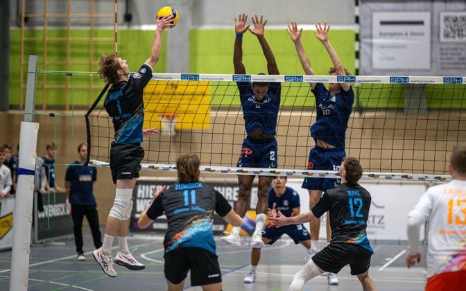 Volleyball, Saison 2025 2026, 2. Bundesliga Nord, 01.11.2025, 06. Spieltag, Herren, TuB Bocholt (blau) vs. Muenster Volleys (schwarz) v.l.: Nikolai Heldahl (Muenster Volleys), Aaron Zumdick (Muenster Volleys, 11), Rudy Schneider (TuB Bocholt), Tom Doerpinghaus (TuB Bocholt), Tim Wahl (Muenster Volleys), Bocholt Sporthalle West Nordrhein-Westfalen Deutschland