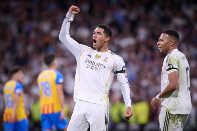 Kylian Mbappe At Real Madrid Cf V Valencia CF- Madrid Real Madrid CF’s Jude Bellingham celebrates goal during La Liga match between Real Madrid CF and Valencia CF at Santiago Bernabeu Stadium in Madrid, Spain on November 1, 2025. Round 11 of the 2025 2026 season. Photo by Jorge Ropero ALTERPHOTOS ABACAPRESS.COM Madrid Spain  Copyright: xAlterPhotos ABACAx