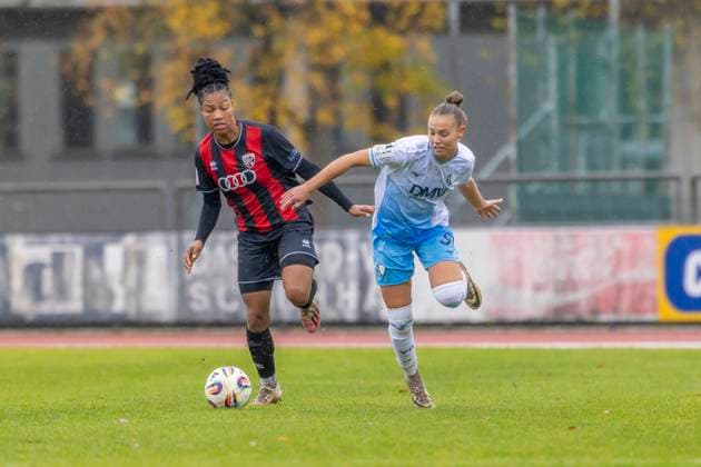 Ingolstadt, Deutschland 02. November 2025: 2. BL - Frauen - 2025 2026 - FC Ingolstadt 04 vs. VfL Bochum Im Bild: v. li. im Zweikampf Melissa Kuya-Strobel (FCI) und Franziska Wenzel (VfL) Audi Sportpark Bayern Copyright: xFotostandx xSchäferx