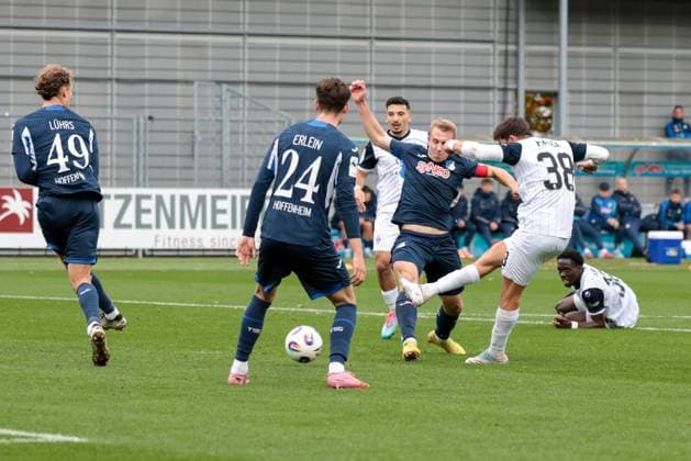 02.11.2025, xhettx, Fussball 3.Liga, TSG 1899 Hoffenheim U23 - SV Waldhof Mannheim v.l. Francisco Fumaca de Mascarenhas da Costa Pessoa (SV Waldhof Mannheim, 38) mit dem Schussversuch (DFL DFB REGULATIONS PROHIBIT ANY USE OF PHOTOGRAPHS as IMAGE SEQUENCES and or QUASI-VIDEO) Hoffenheim