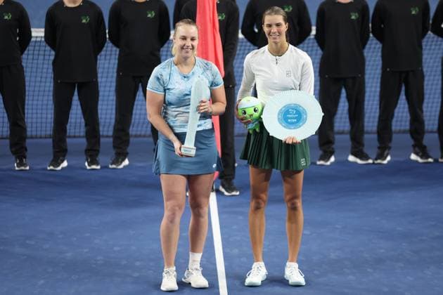 JIUJIANG, CHINA - NOVEMBER 02: Champion Anna Blinkova (L) and runner-up Lilli Tagger of Austria pose for a photo during the awards ceremony following the Women s Singles Final match on day 7 of 2025 Jiangxi Open at Jiujiang International Tennis Center on November 2, 2025 in Jiujiang, Jiangxi Province of China.  Copyright: xChinaxNewsxServicex 111601384228
