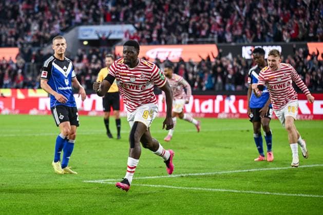 02.11.2025, Fussball, 1. Bundesliga, 6. Spieltag Saison 2025 2026, 1.FC Köln - Hamburger SV, Ragnar Ache (1. FC Köln)freut sich über das Tor zum 1:0, xRHR-FOTO TKx Copyright: RHR-FOTOx RHR-FOTO TK