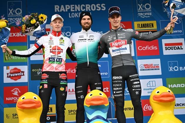Belgian Michael Vanthourenhout, Dutch Joris Nieuwenhuis and Belgian Niels Vandeputte pictured on the podium after the elite men race of the Rapencross cyclocross in Lokeren, the second race (out of 8) of the X2O Badkamers Trophy, Sunday 02 November 2025. DAVIDxPINTENS  x138731004x