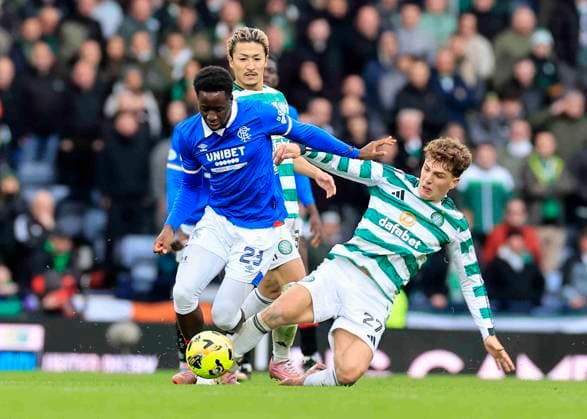 Celtic v Rangers Premier Sports Cup Djeidi Gassama of Rangers (left) is fouled by Arne Engels of Celtic during the Premier Sports Cup Semi-Final match between Celtic and Rangers at Hampden Park, Glasgow UK Newspapers OUT Copyright: xFredxPalmerx FIL-22443-0134