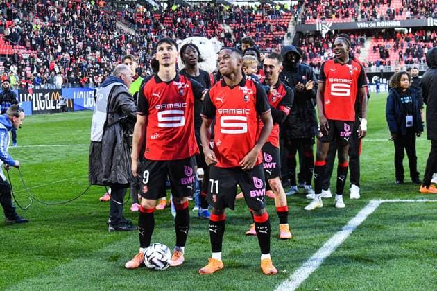 FOOTBALL : Stade Rennais vs RC Strasbourg - Ligue 1 - JournÃ e 11 - 02 11 2025 Joie des joueurs du Stade Rennais apres la victoire contre le RC Strasbourg RennesFrance  Copyright: xBaptistexAutissierx