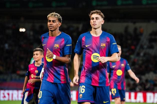 Spanish LaLiga EA Sports FC Barcelona, Barca v Elche CF in Barcelona, Spain. FC Barcelona player (10) Lamine Yamal and (16) Fermin Lopez during LaLiga EA Sports match between FC Barcelona and Elche CF in Estadi Olimpic Lluis Companys, Barcelona, Spain, on November 2, 2025. Barcelona Estadi Olimpic Lluis Companys Barcelona Spain