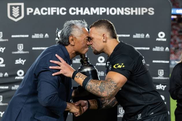 Tawera Nikau with Kiwis James Fisher-Harris - Paciï¬c Championships rugby league test between New Zealand Kiwis v Tonga XIII at Eden Park, Auckland, New Zealand. Sunday 02 November 2025 Photo: Brett Phibbs z Auckland New Zealand Copyright: xBrettxPhibbsx