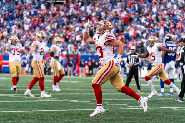 San Francisco 49ers running back Christian McCaffrey (23) reacts to his touchdown run during an NFL, American Football Herren, USA football game against the New York Giants, Sunday, Nov. 2, 2025, in East Rutherford, NJ. ( Cal Media) East Rutherford United States of America - ZUMAc04_ 20251102_zma_c04_039 Copyright: xChristopherxSzagolax